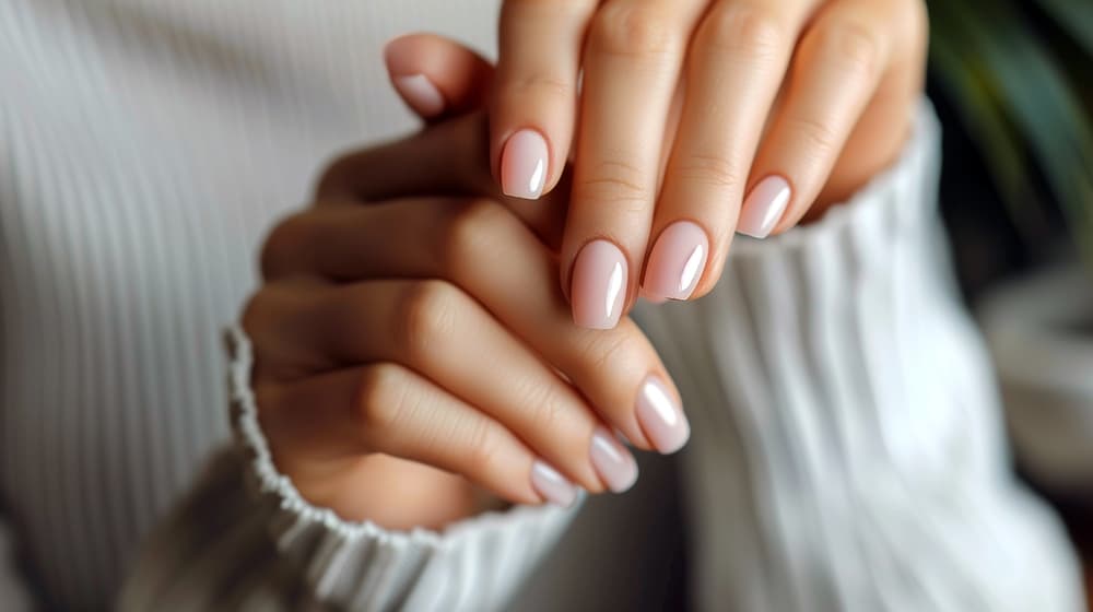 Close-up of hands with natural-looking BIAB nails in a soft nude finish, styled in a clean and elegant shape, perfect for a polished everyday look.
