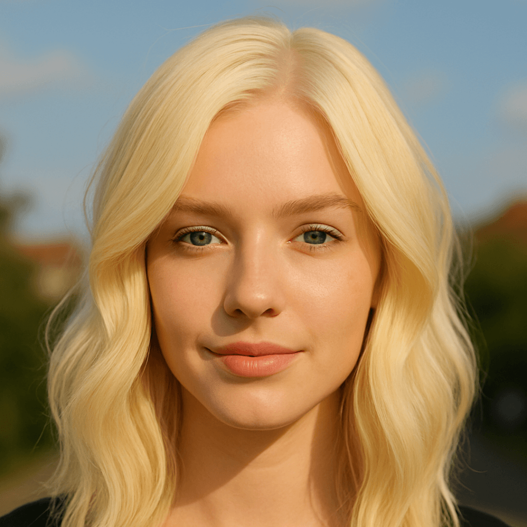 Young woman with styled, platinum blonde waves after a bleach bath treatment, standing outdoors with soft natural lighting – The Vintage Avenue, Biggleswade
