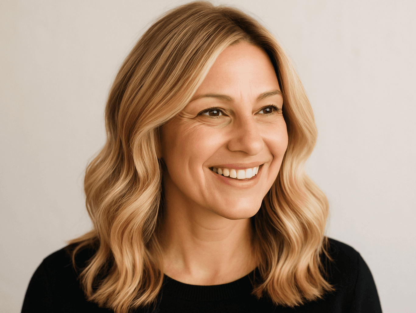 A smiling woman with soft blonde balayage hair in loose waves, photographed in natural light, showcasing a polished and natural hair colour finish.