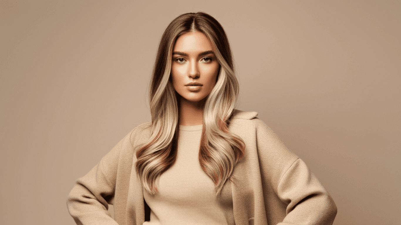Elegant woman with soft, blended blonde balayage highlights created at The Vintage Avenue salon in Biggleswade, Bedfordshire — showcasing expert colouring.