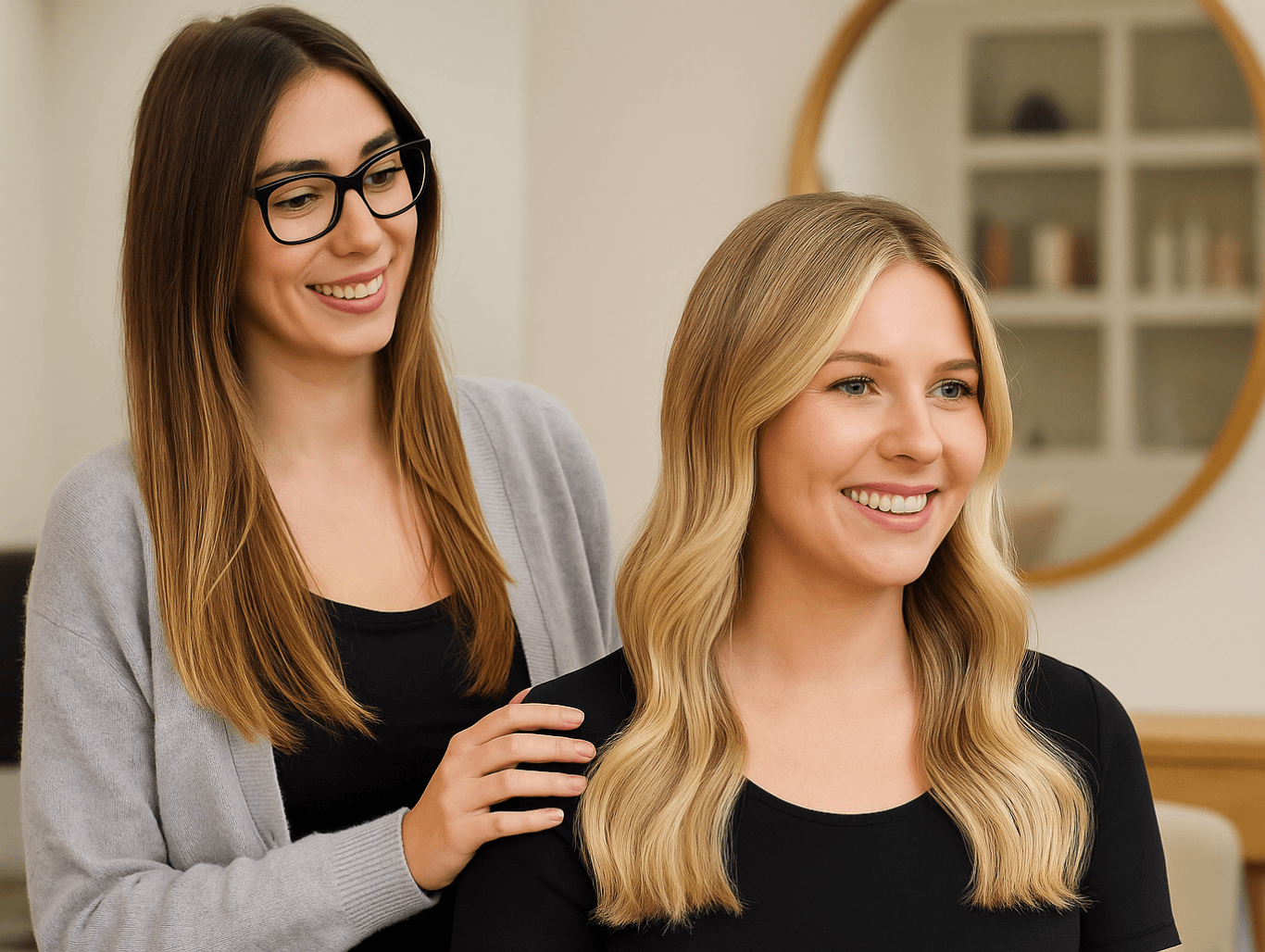 Chloe Collins, blonde specialist at The Vintage Avenue, smiling with a happy client after a soft root melt colour, both in a warm, modern salon setting.